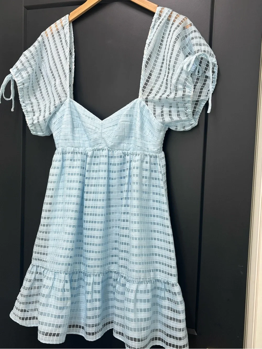 Amanda Uprichard Sicily Mini Dress Powder Blue Textured Puff Sleeve Medium - Picture 3 of 14